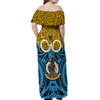 Vanuatu Sanma Province Off Shoulder Maxi Dress Pig Tusk Mix Maori Pattern and Namele Leaf LT03 - Polynesian Pride