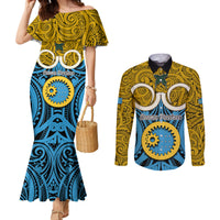Personalised Vanuatu Sanma Province Couples Matching Mermaid Dress and Long Sleeve Button Shirts Pig Tusk Mix Maori Pattern and Namele Leaf LT03 Blue - Polynesian Pride