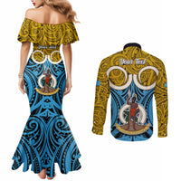 Personalised Vanuatu Sanma Province Couples Matching Mermaid Dress and Long Sleeve Button Shirts Pig Tusk Mix Maori Pattern and Namele Leaf LT03 - Polynesian Pride