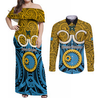 Personalised Vanuatu Sanma Province Couples Matching Off Shoulder Maxi Dress and Long Sleeve Button Shirts Pig Tusk Mix Maori Pattern and Namele Leaf LT03 Blue - Polynesian Pride