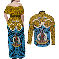 Personalised Vanuatu Sanma Province Couples Matching Off Shoulder Maxi Dress and Long Sleeve Button Shirts Pig Tusk Mix Maori Pattern and Namele Leaf LT03 - Polynesian Pride