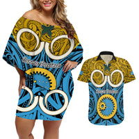 Personalised Vanuatu Sanma Province Couples Matching Off Shoulder Short Dress and Hawaiian Shirt Pig Tusk Mix Maori Pattern and Namele Leaf LT03 Blue - Polynesian Pride