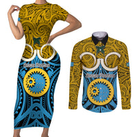 Personalised Vanuatu Sanma Province Couples Matching Short Sleeve Bodycon Dress and Long Sleeve Button Shirts Pig Tusk Mix Maori Pattern and Namele Leaf LT03 Blue - Polynesian Pride