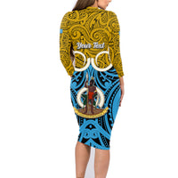 Personalised Vanuatu Sanma Province Family Matching Long Sleeve Bodycon Dress and Hawaiian Shirt Pig Tusk Mix Maori Pattern and Namele Leaf LT03 - Polynesian Pride