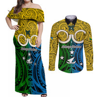 Vanuatu Malampa Province Couples Matching Off Shoulder Maxi Dress and Long Sleeve Button Shirts Pig Tusk Mix Maori Pattern and Namele Leaf LT03 Yellow - Polynesian Pride