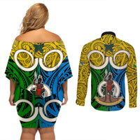 Vanuatu Malampa Province Couples Matching Off Shoulder Short Dress and Long Sleeve Button Shirts Pig Tusk Mix Maori Pattern and Namele Leaf LT03 - Polynesian Pride