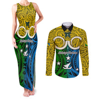 Vanuatu Malampa Province Couples Matching Tank Maxi Dress and Long Sleeve Button Shirts Pig Tusk Mix Maori Pattern and Namele Leaf LT03 Yellow - Polynesian Pride