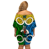 Vanuatu Malampa Province Family Matching Off Shoulder Short Dress and Hawaiian Shirt Pig Tusk Mix Maori Pattern and Namele Leaf LT03 - Polynesian Pride