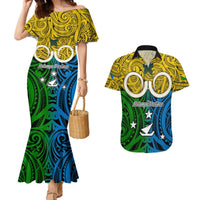 Personalised Vanuatu Malampa Province Couples Matching Mermaid Dress and Hawaiian Shirt Pig Tusk Mix Maori Pattern and Namele Leaf LT03 Yellow - Polynesian Pride