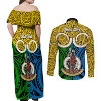 Personalised Vanuatu Malampa Province Couples Matching Off Shoulder Maxi Dress and Long Sleeve Button Shirts Pig Tusk Mix Maori Pattern and Namele Leaf LT03 - Polynesian Pride