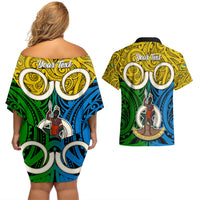 Personalised Vanuatu Malampa Province Couples Matching Off Shoulder Short Dress and Hawaiian Shirt Pig Tusk Mix Maori Pattern and Namele Leaf LT03 - Polynesian Pride