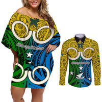 Personalised Vanuatu Malampa Province Couples Matching Off Shoulder Short Dress and Long Sleeve Button Shirts Pig Tusk Mix Maori Pattern and Namele Leaf LT03 Yellow - Polynesian Pride