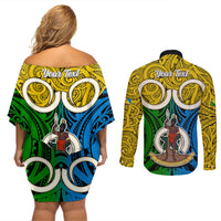 Personalised Vanuatu Malampa Province Couples Matching Off Shoulder Short Dress and Long Sleeve Button Shirts Pig Tusk Mix Maori Pattern and Namele Leaf LT03 - Polynesian Pride