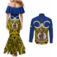 Vanuatu Torba Province Couples Matching Mermaid Dress and Long Sleeve Button Shirts Pig Tusk Mix Maori Pattern and Namele Leaf LT03 - Polynesian Pride