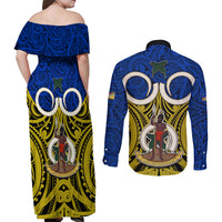 Vanuatu Torba Province Couples Matching Off Shoulder Maxi Dress and Long Sleeve Button Shirts Pig Tusk Mix Maori Pattern and Namele Leaf LT03 - Polynesian Pride