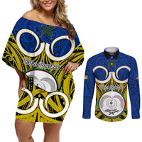 Vanuatu Torba Province Couples Matching Off Shoulder Short Dress and Long Sleeve Button Shirts Pig Tusk Mix Maori Pattern and Namele Leaf LT03 Blue - Polynesian Pride