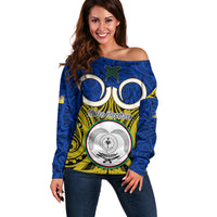 Vanuatu Torba Province Off Shoulder Sweater Pig Tusk Mix Maori Pattern and Namele Leaf LT03 Women Blue - Polynesian Pride