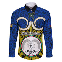 Personalised Vanuatu Torba Province Family Matching Mermaid Dress and Hawaiian Shirt Pig Tusk Mix Maori Pattern and Namele Leaf LT03 Dad's Shirt - Long Sleeve Blue - Polynesian Pride