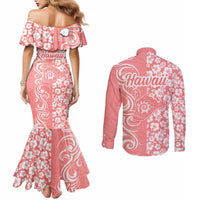 Hawaii Kauai Island Couples Matching Mermaid Dress and Long Sleeve Button Shirts Hibiscus Pattern Seamless Tribal Simple Pink Pastel LT03 - Polynesian Pride