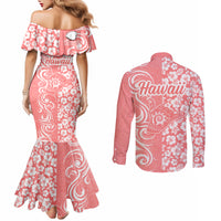Hawaii Kauai Island Couples Matching Mermaid Dress and Long Sleeve Button Shirts Hibiscus Pattern Seamless Tribal Simple Pink Pastel LT03 - Polynesian Pride