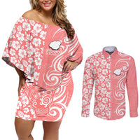Hawaii Kauai Island Couples Matching Off Shoulder Short Dress and Long Sleeve Button Shirts Hibiscus Pattern Seamless Tribal Simple Pink Pastel LT03 Pink - Polynesian Pride