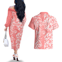 Hawaii Kauai Island Couples Matching Off The Shoulder Long Sleeve Dress and Hawaiian Shirt Hibiscus Pattern Seamless Tribal Simple Pink Pastel LT03 - Polynesian Pride