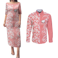 Hawaii Kauai Island Couples Matching Puletasi Dress and Long Sleeve Button Shirts Hibiscus Pattern Seamless Tribal Simple Pink Pastel LT03 Pink - Polynesian Pride