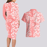 Custom Hawaii Kauai Island Couples Matching Long Sleeve Bodycon Dress and Hawaiian Shirt Hibiscus Pattern Seamless Tribal Simple Pink Pastel LT03 - Polynesian Pride