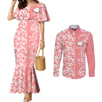 Custom Hawaii Kauai Island Couples Matching Mermaid Dress and Long Sleeve Button Shirts Hibiscus Pattern Seamless Tribal Simple Pink Pastel LT03 Pink - Polynesian Pride