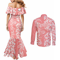 Custom Hawaii Kauai Island Couples Matching Mermaid Dress and Long Sleeve Button Shirts Hibiscus Pattern Seamless Tribal Simple Pink Pastel LT03 - Polynesian Pride