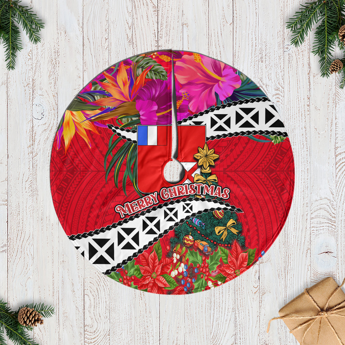 Wallis and Futuna Christmas Tree Skirt Santa Claus Holding Coat of Arms Polynesian Xmas Style LT03 Red - Polynesian Pride