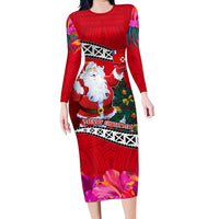 Custom Wallis and Futuna Christmas Family Matching Long Sleeve Bodycon Dress and Hawaiian Shirt Santa Claus Holding Coat of Arms Polynesian Xmas Style LT03 Mom's Dress Red - Polynesian Pride