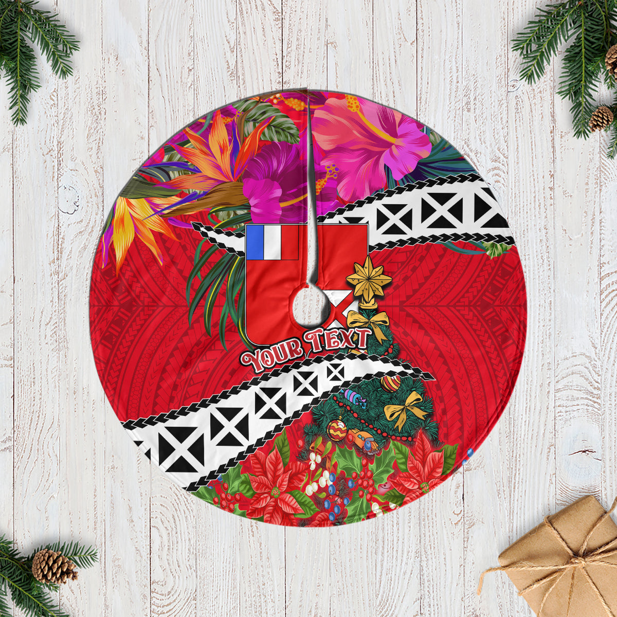 Custom Wallis and Futuna Christmas Tree Skirt Santa Claus Holding Coat of Arms Polynesian Xmas Style LT03 Red - Polynesian Pride