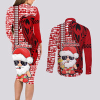 Mele Kalikimaka Hawaii Christmas Couples Matching Long Sleeve Bodycon Dress and Long Sleeve Button Shirt Santa Claus Kakau Tribal Mix Polynesia Tattoo LT03 - Polynesian Pride