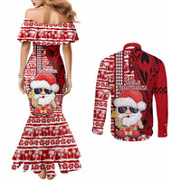 Mele Kalikimaka Hawaii Christmas Couples Matching Mermaid Dress and Long Sleeve Button Shirt Santa Claus Kakau Tribal Mix Polynesia Tattoo LT03 - Polynesian Pride