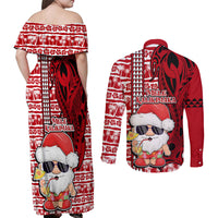 Mele Kalikimaka Hawaii Christmas Couples Matching Off Shoulder Maxi Dress and Long Sleeve Button Shirt Santa Claus Kakau Tribal Mix Polynesia Tattoo LT03 - Polynesian Pride