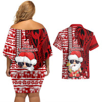 Mele Kalikimaka Hawaii Christmas Couples Matching Off Shoulder Short Dress and Hawaiian Shirt Santa Claus Kakau Tribal Mix Polynesia Tattoo LT03 - Polynesian Pride