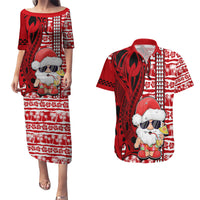 Mele Kalikimaka Hawaii Christmas Couples Matching Puletasi Dress and Hawaiian Shirt Santa Claus Kakau Tribal Mix Polynesia Tattoo LT03 Red - Polynesian Pride