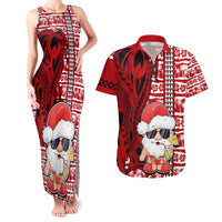 Mele Kalikimaka Hawaii Christmas Couples Matching Tank Maxi Dress and Hawaiian Shirt Santa Claus Kakau Tribal Mix Polynesia Tattoo LT03 Red - Polynesian Pride