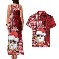 Mele Kalikimaka Hawaii Christmas Couples Matching Tank Maxi Dress and Hawaiian Shirt Santa Claus Kakau Tribal Mix Polynesia Tattoo LT03 - Polynesian Pride