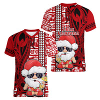 Mele Kalikimaka Hawaii Christmas Women V Neck T Shirt Santa Claus Kakau Tribal Mix Polynesia Tattoo LT03 - Polynesian Pride