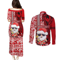 Custom Mele Kalikimaka Hawaii Christmas Couples Matching Puletasi Dress and Long Sleeve Button Shirt Santa Claus Kakau Tribal Mix Polynesia Tattoo LT03 - Polynesian Pride