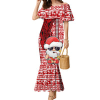 Custom Mele Kalikimaka Hawaii Christmas Family Matching Mermaid Dress and Hawaiian Shirt Santa Claus Kakau Tribal Mix Polynesia Tattoo LT03 Mom's Dress Red - Polynesian Pride