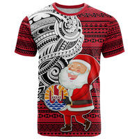Custom French Polynesia Christmas T Shirt Santa Hold Seal with Polynesian Tribal Tattoo LT03 Red - Polynesian Pride