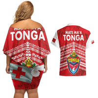 Mate Ma'a Tonga Couples Matching Off Shoulder Short Dress and Hawaiian Shirt Douple White Dove and Kupesi Ngatu Art Tattoo