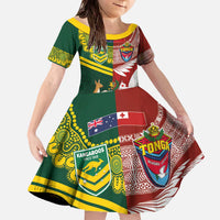 Custom Mate Ma'a Tonga and Australia Kangaroo Family Matching Off The Shoulder Long Sleeve Dress and Hawaiian Shirt Nation Seal with Mascot Aboriginal and Tongan Kupesi Ngatu Art LT03 Daughter's Dress Red - Polynesian Pride