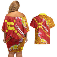 Rotuma Island Couples Matching Off Shoulder Short Dress and Hawaiian Shirt Fijian Tapa with Polynesian Art and Hibiscus