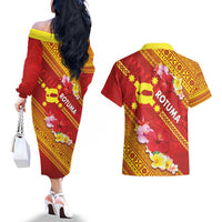 Rotuma Island Couples Matching Off The Shoulder Long Sleeve Dress and Hawaiian Shirt Fijian Tapa with Polynesian Art and Hibiscus
