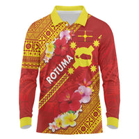 Rotuma Island Long Sleeve Polo Shirt Fijian Tapa with Polynesian Art and Hibiscus