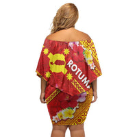Rotuma Island Off Shoulder Short Dress Fijian Tapa with Polynesian Art and Hibiscus